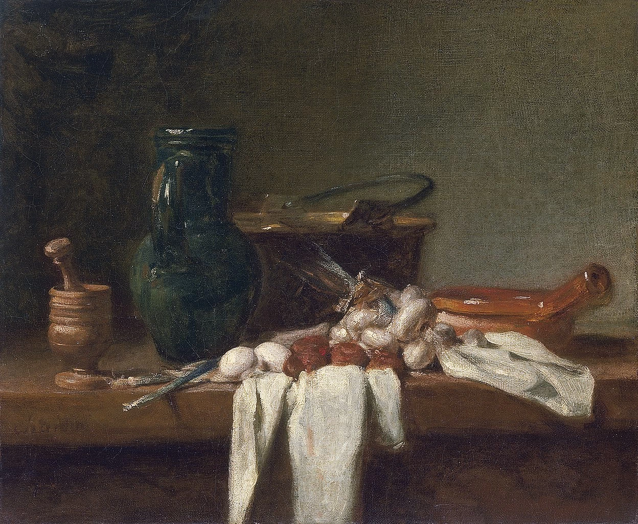 Jean Siméon Chardin - 102, Natura morta con pestello e mortaio, brocca e calderone di rame, Museo Nacional Thyssen, Bornemisza